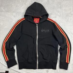 Superdry Vintage Zip Hoodie Stripe Sleeve Limited Edition Black Men Sz L Fleece